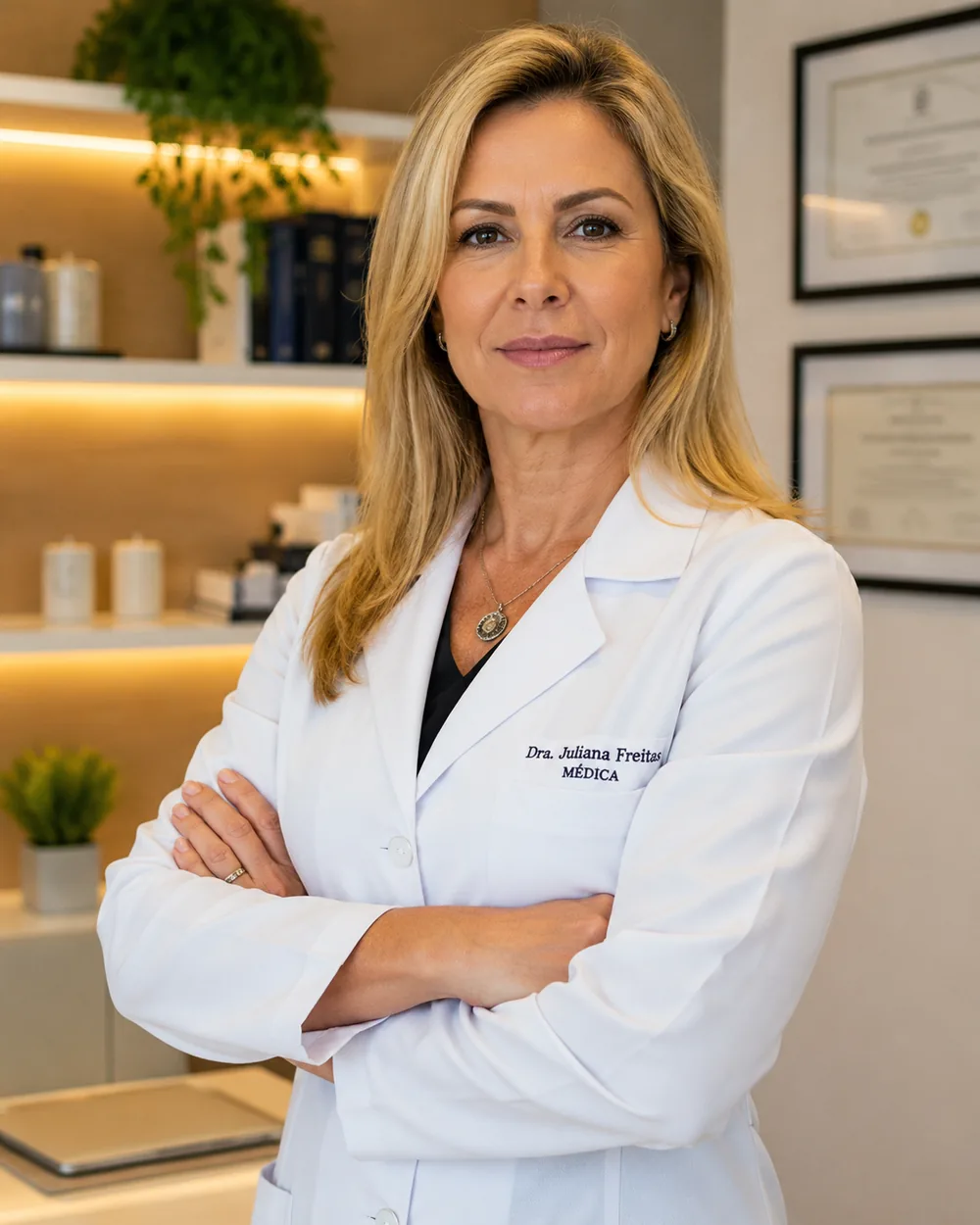 Dra. Juliana Freitas em jaleco branco em ambiente de laboratório