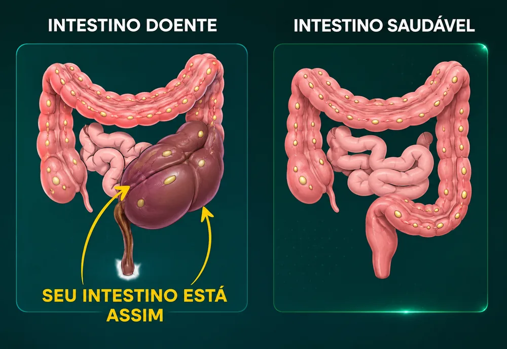 Comparação lado a lado entre intestino doente e intestino saudável