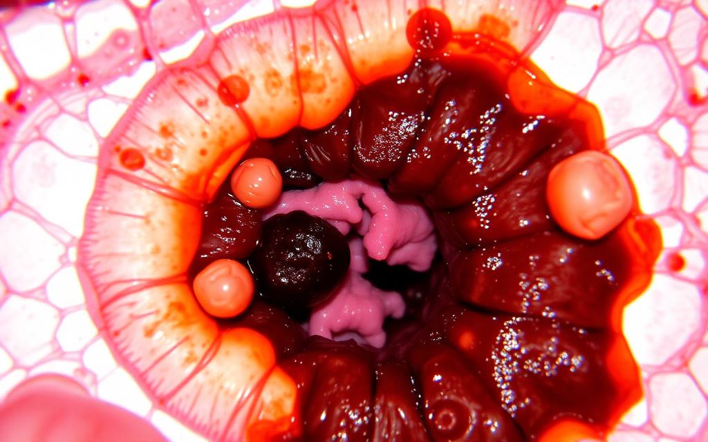 Microscopia mostrando placa de biofilme aderida à parede intestinal